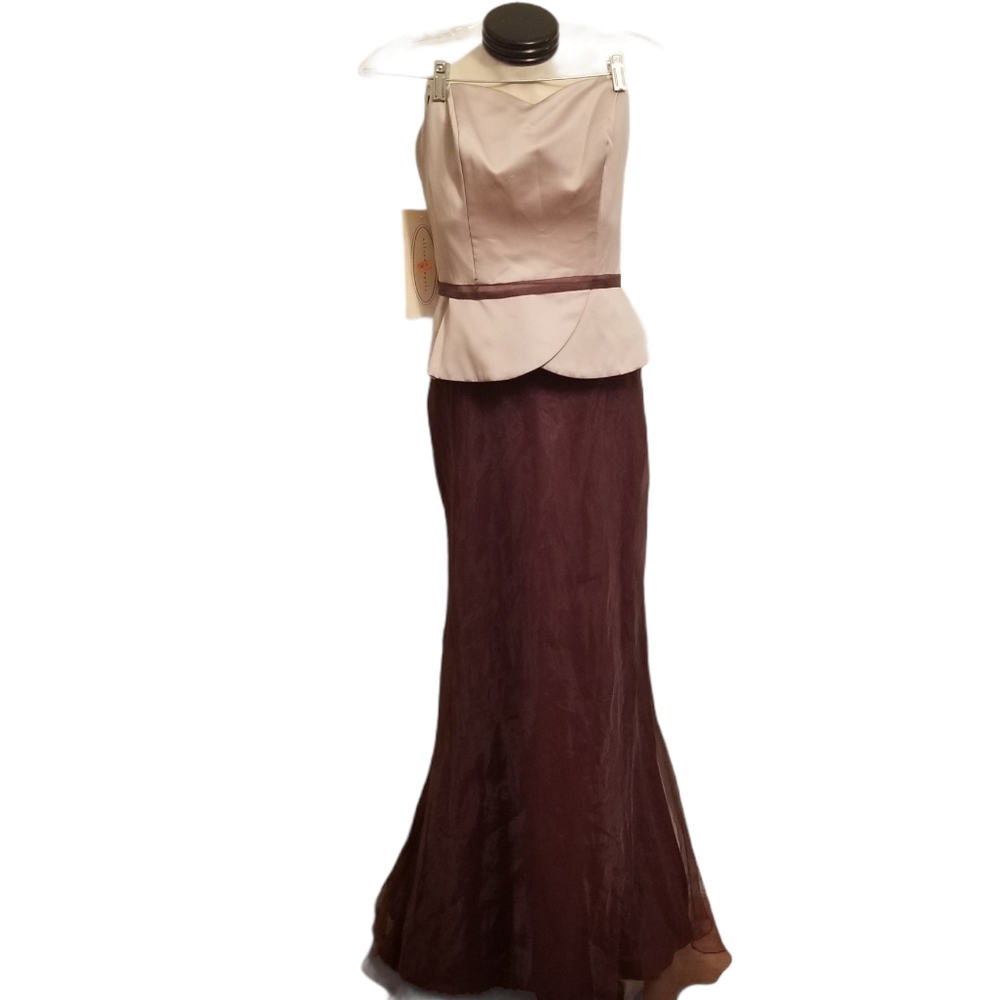 Floor length brown and tan formal dress, NWT